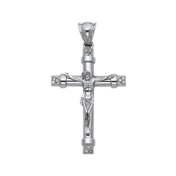 14K White CZ Religious Crucifix Pendant
